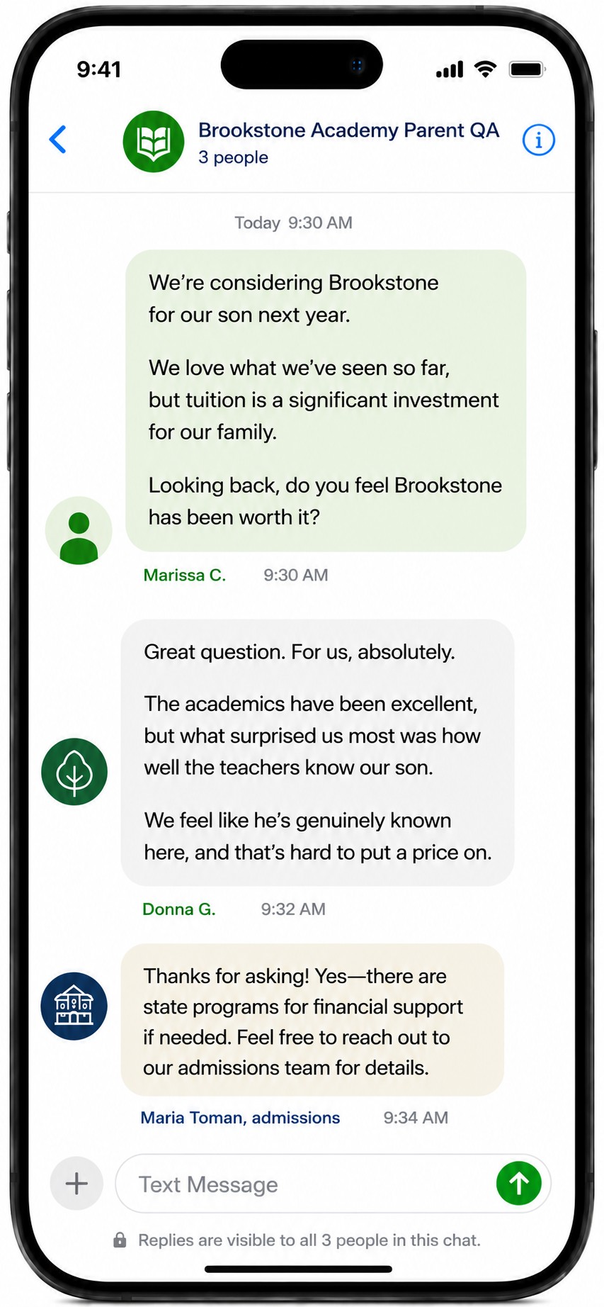 Brookstone Academy parent text conversation
